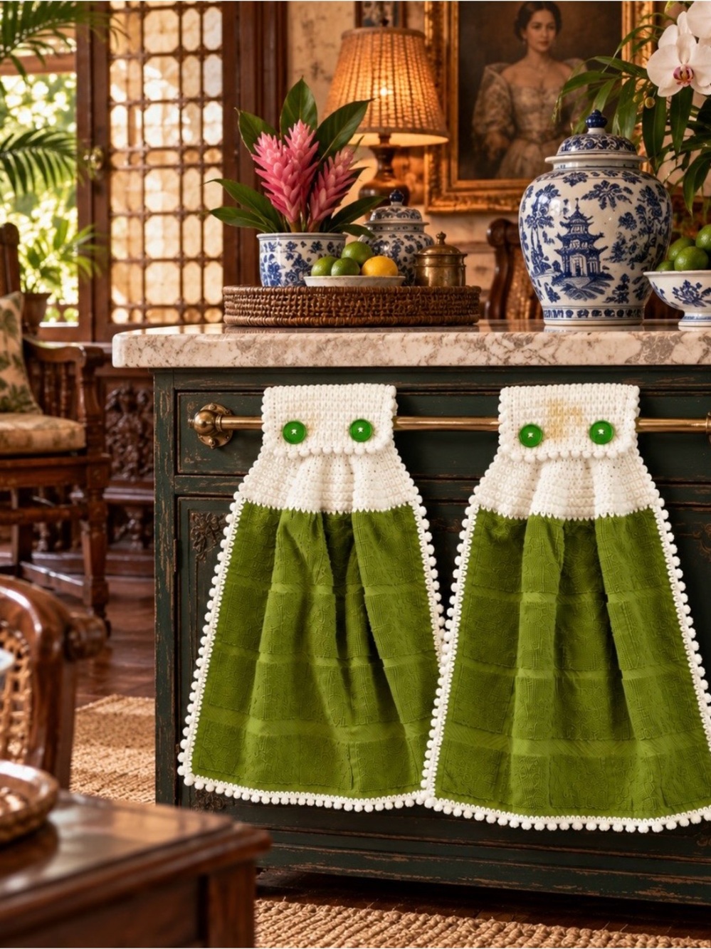Green Crochet-Trim Hanging Kitchen Towels - Brand: